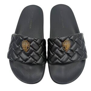 Kurt Geiger Womens Quilted Black Slides With Gold Eagle Embellished Logo Size 38